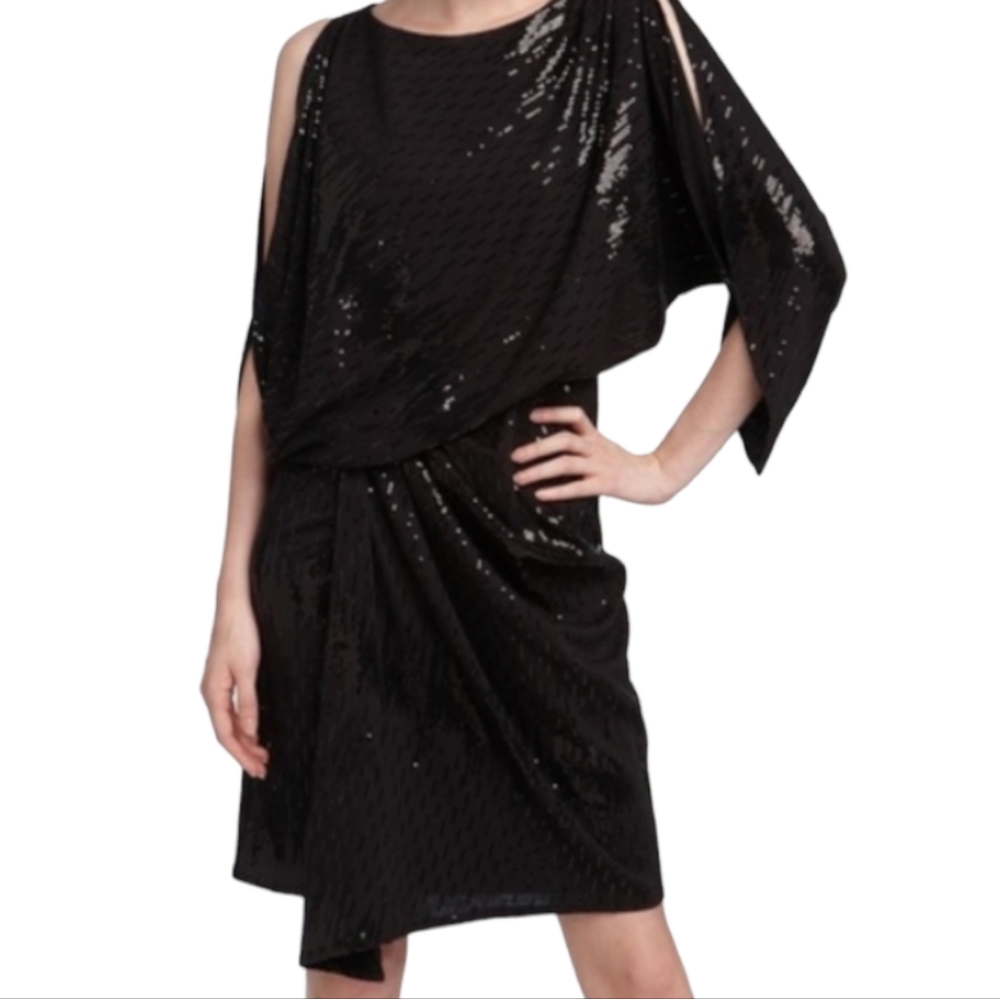 David Meister Black Sequin Dolman Sleeve Blouson Cocktail Dress sz 8